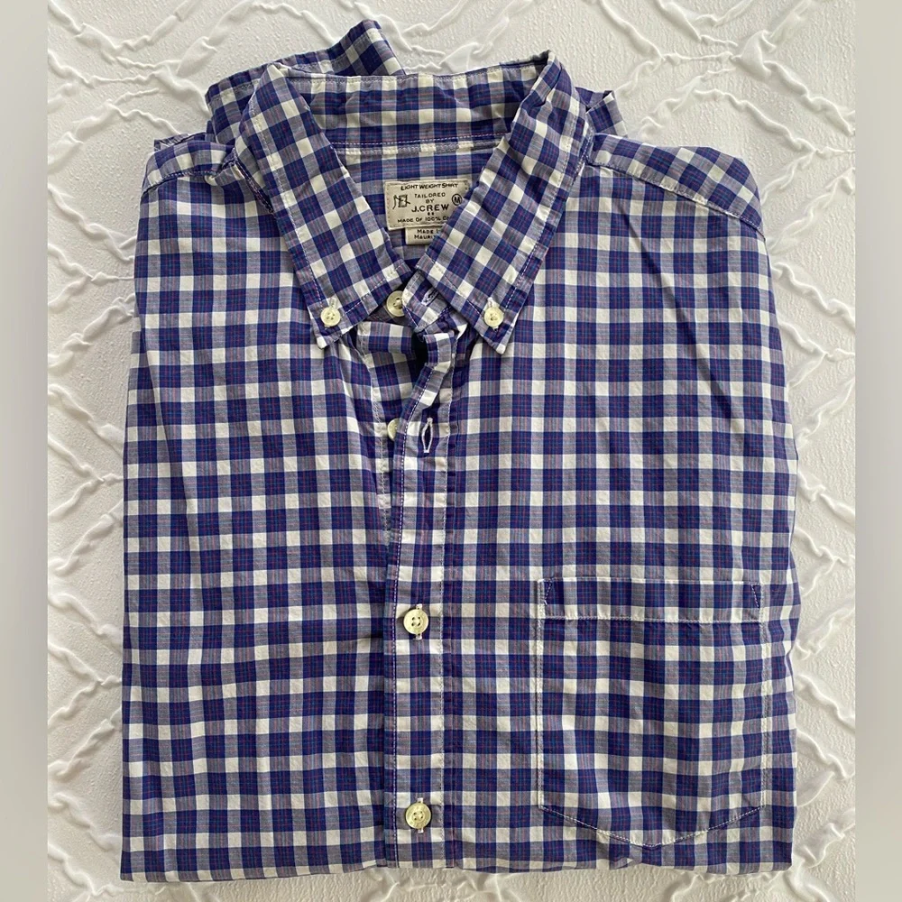 J. Crew - 100% Cotton Navy Blue and White Plaid Button Down Shirt - Size M